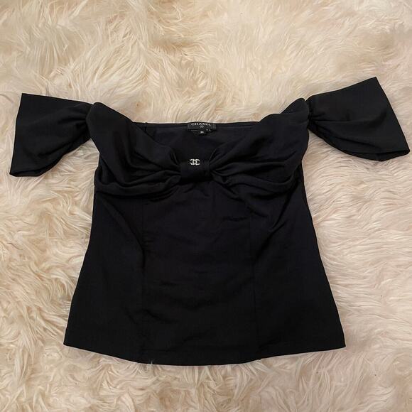 Chanel 23S Black Jersey Off-Shoulder Bow Top | Rare Crystal CC Logo FR 36 - Picture 2 of 12